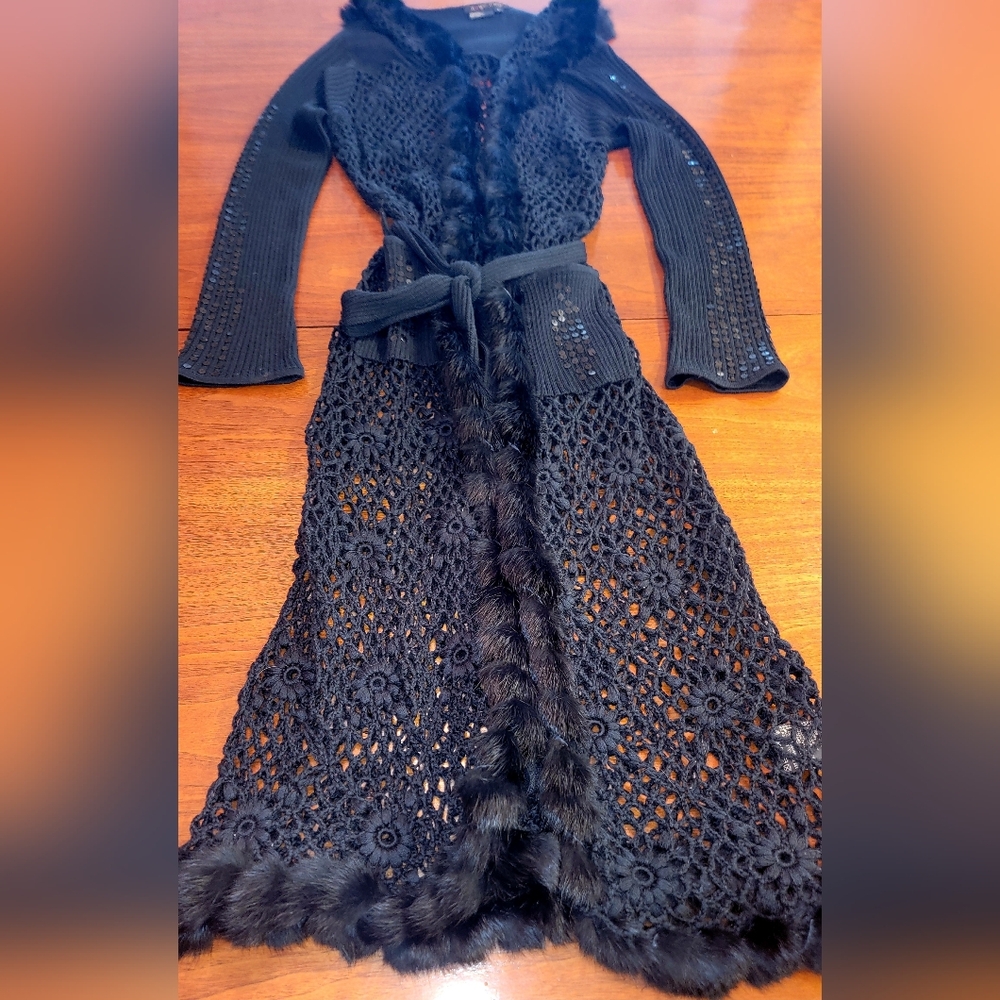 Ruby Cho Black Sequin Crochet Faux Fur Trim Duster Cardigan S - Picture 10 of 14